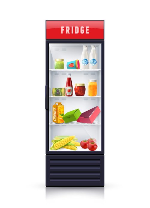 Modern refrigerator with vegetables dairy and canned products and transparent front panel icon print realistic vector Illustration