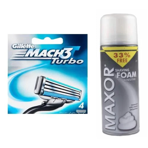 تیغ یدک ژیلت مدل Mach 3 Turbo لیبل دار بسته 4 عددی به همراه فوم اصلاح مکسور کد 5542 حجم 400 میلی لیتر