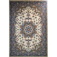 فرش ماشینی ساوین کد 2103 حاشیه آبی شتری زمینه کرم ۱۰ نفر