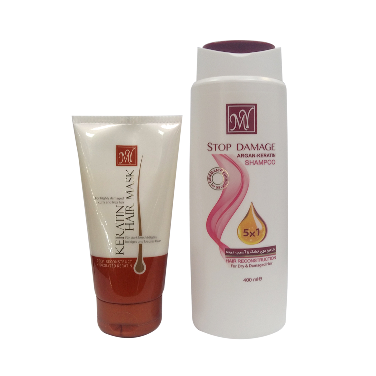 شامپو موی مای مدل Stop Damage حجم 400 میلی لیتر به همراه ماسک موی مای مدل keratin حجم 150 میلی لیتر