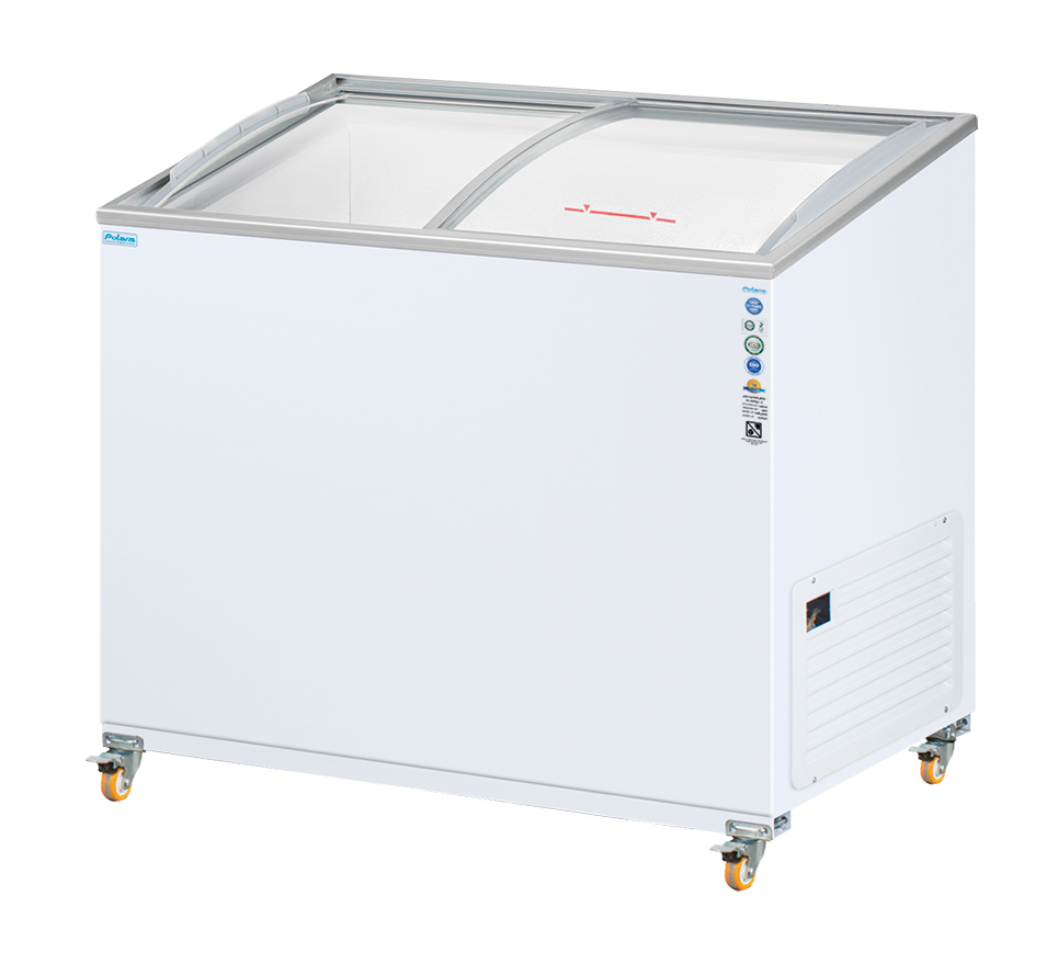 فریزر صندوقی ۳۰۰ لیتری پلاریس مدل Z300CF با درب شیشه‌ای کشویی و بدنه سفید