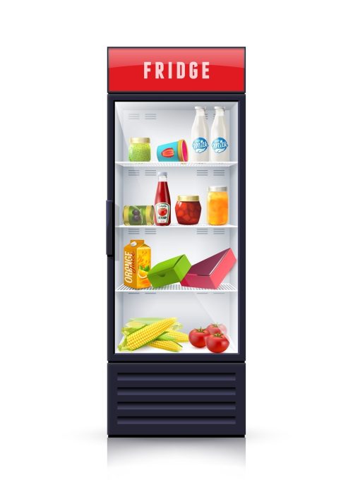 Modern refrigerator with vegetables dairy and canned products and transparent front panel icon print realistic vector Illustration